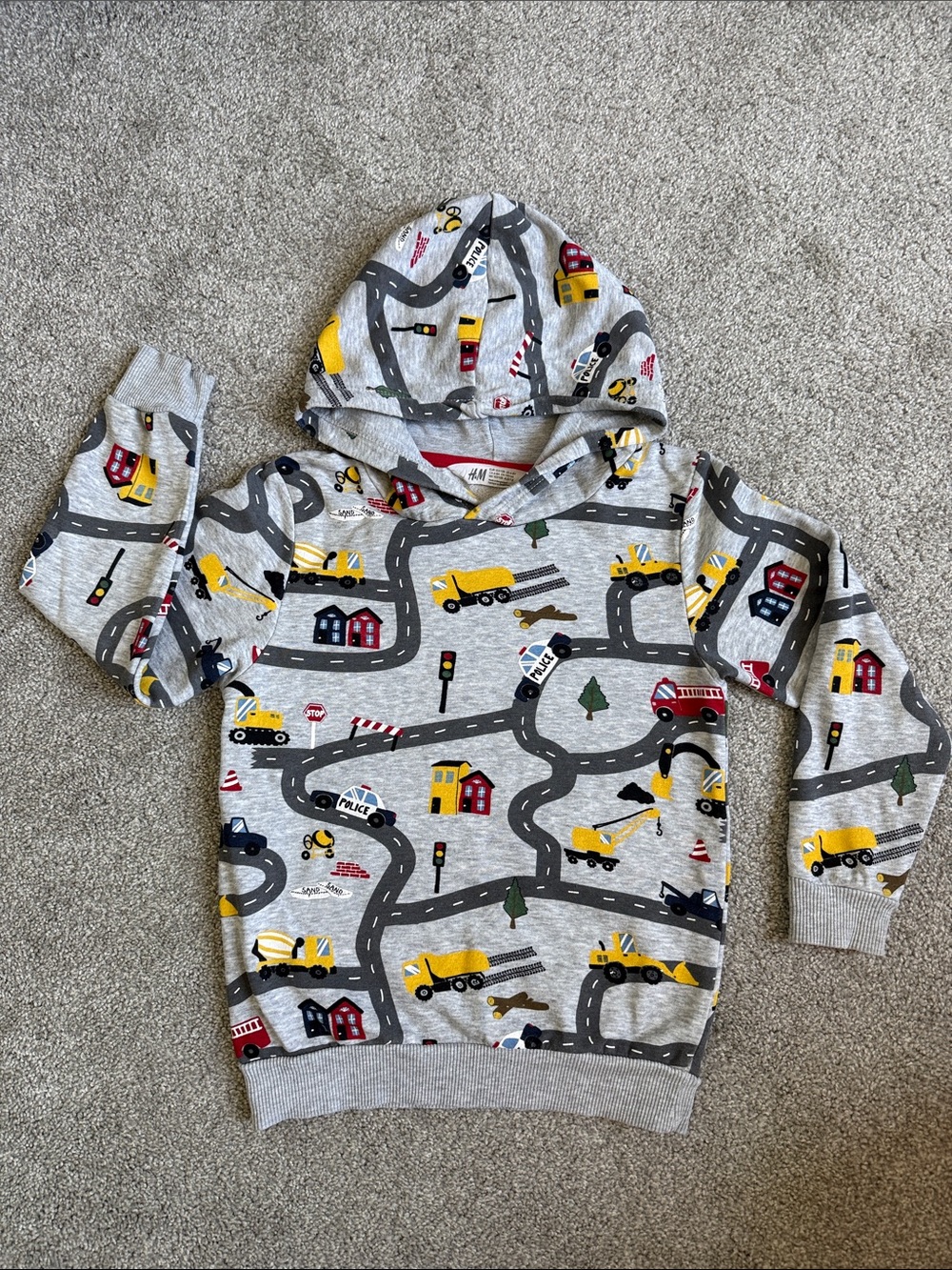 H&M Gray Kids Hoodie with Yellow & Red Vehicle Print